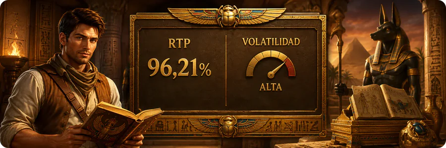 Captura de pantalla del panel de información con el RTP y la volatilidad de Book of Dead