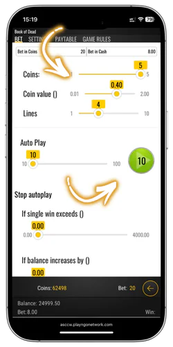 Configuración de apuesta y Auto Play en Book of Dead
